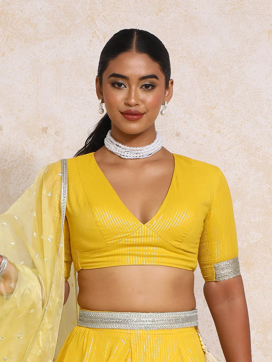 Aaritra x Tyohaar | Elbow Sleeves Turmeric Yellow Silver Stripe Cotton Saree Blouse