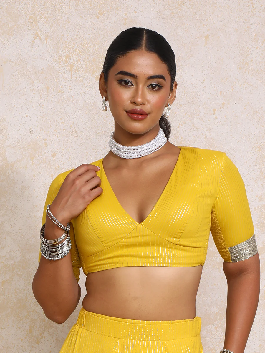 Aaritra x Tyohaar | Elbow Sleeves Turmeric Yellow Silver Stripe Cotton Saree Blouse - Image 7