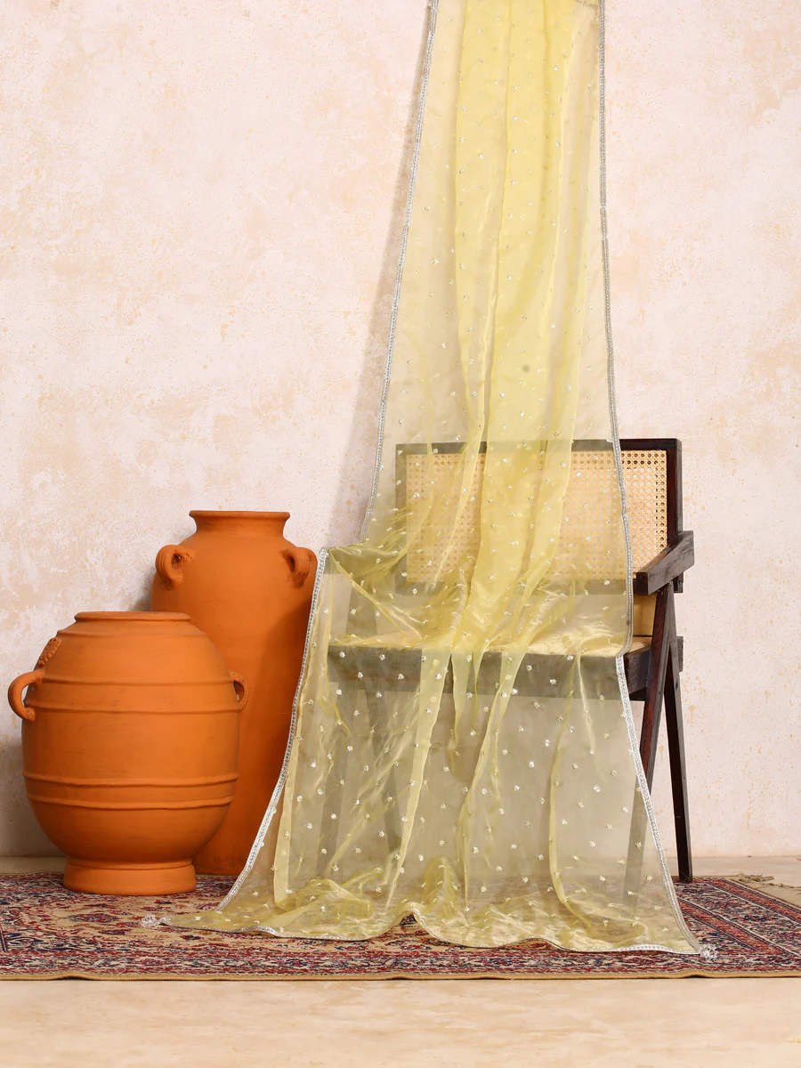 Aarushi x Tyohaar | Sequined Light Yellow Organza Dupatta - Image 5