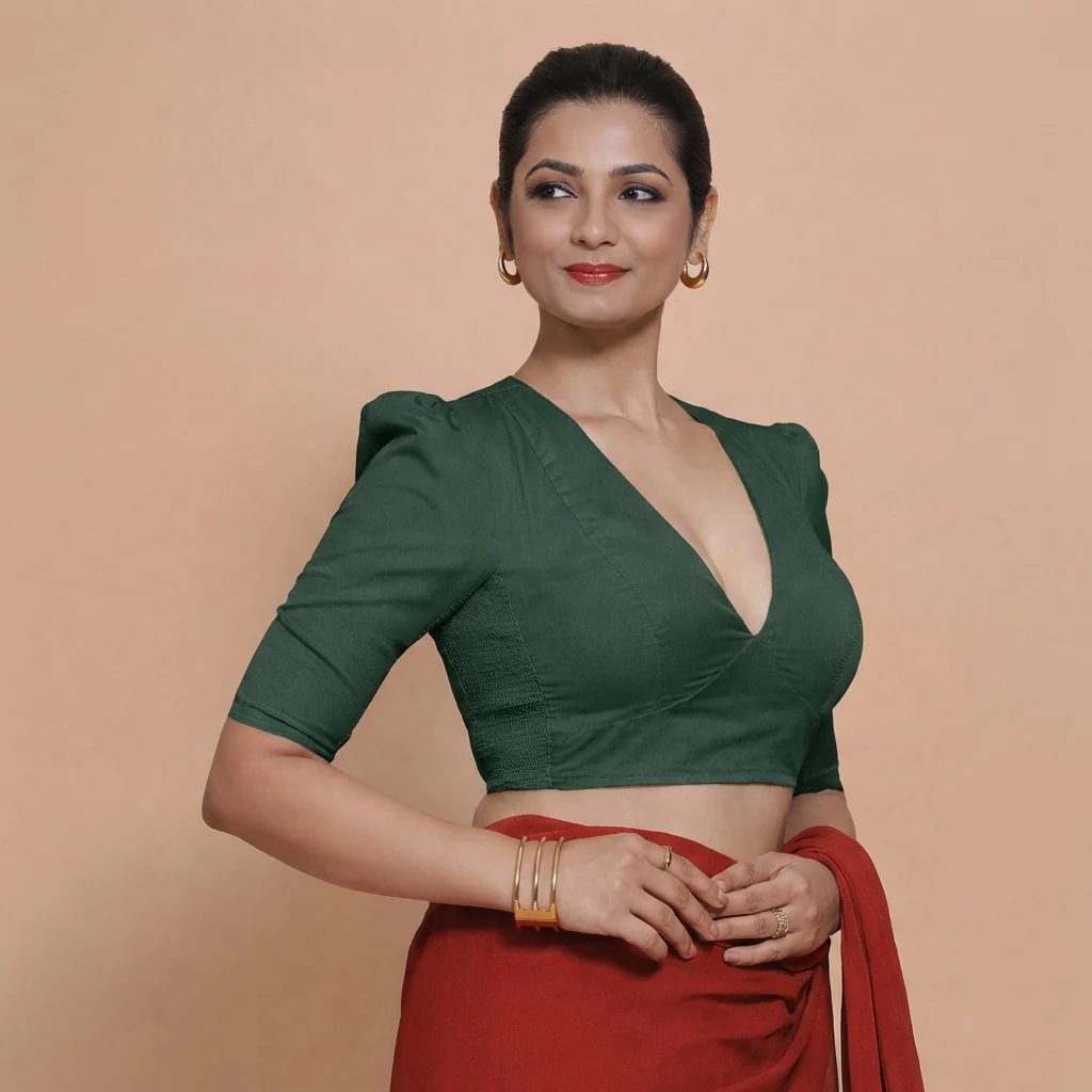 Alaya x Rozaana | Puff Sleeves Moss Green Plain Cotton Saree Blouse - Image 6