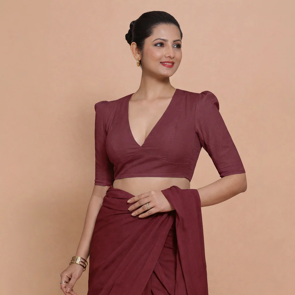 Alaya x Rozaana | Puff Sleeves Royal Maroon Plain Cotton Saree Blouse - Image 4
