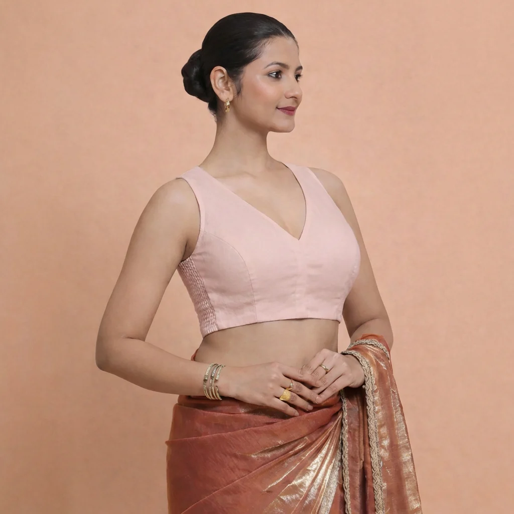 Amaira x Rozaana | Sleeveless Misty Pink Linen Saree Blouse - Image 4