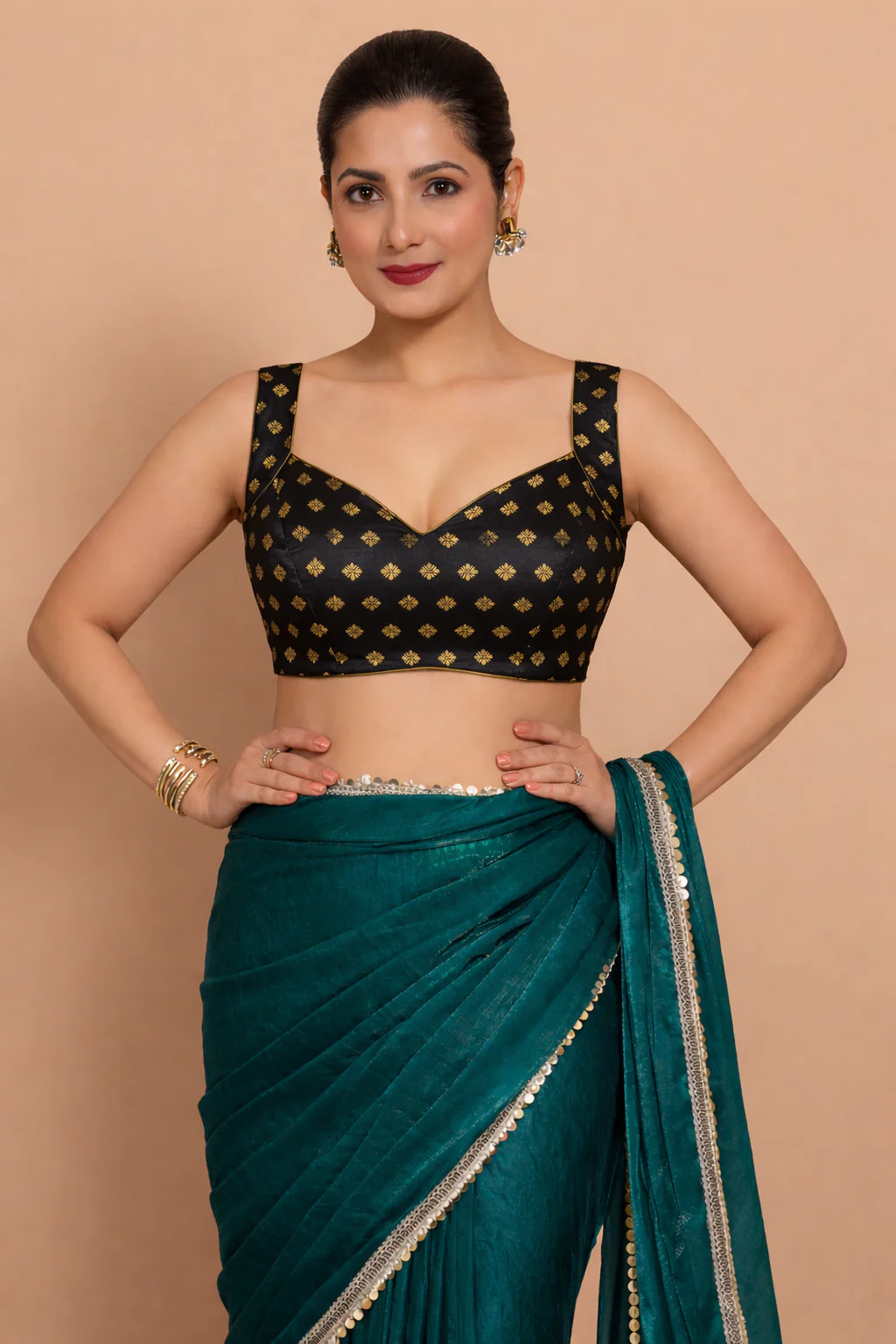 Anna x Tyohaar | Sleeveless Black Butta Satin Viscose Saree Blouse - Image 4