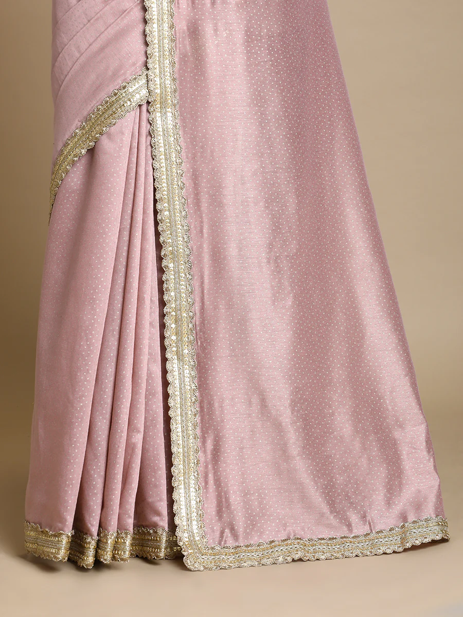 Anwesha x Tyohaar | Dusty Rose Foil Chandheri Saree With Designer Embroidered Lace - Image 2