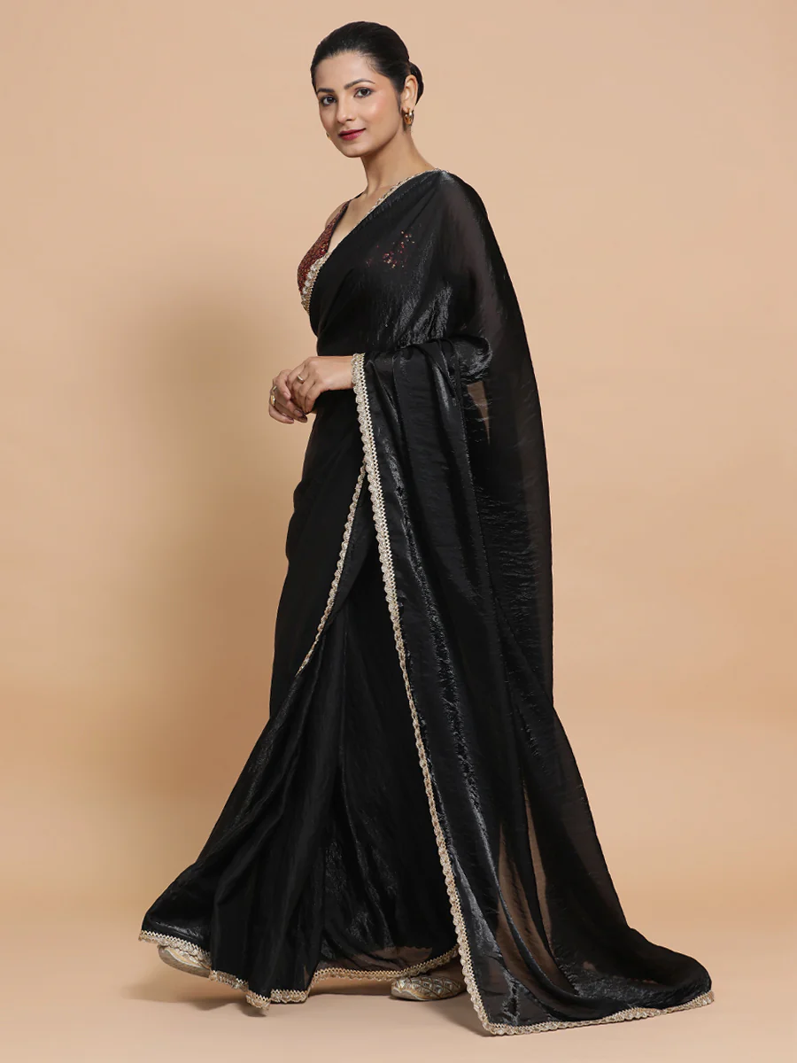 Jhilmil x Tyohaar | Black Dual Toned Tissue Saree with Ready-to-Wear Option - Image 5