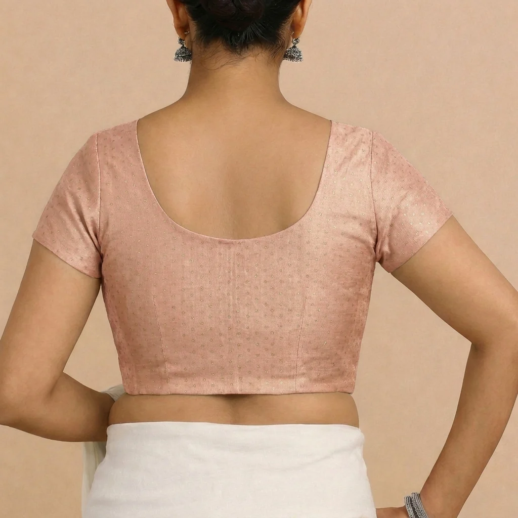 Chandrika x Tyohaar | Short Sleeve Muted Copper Foil Chandheri Saree Blouse - Image 2