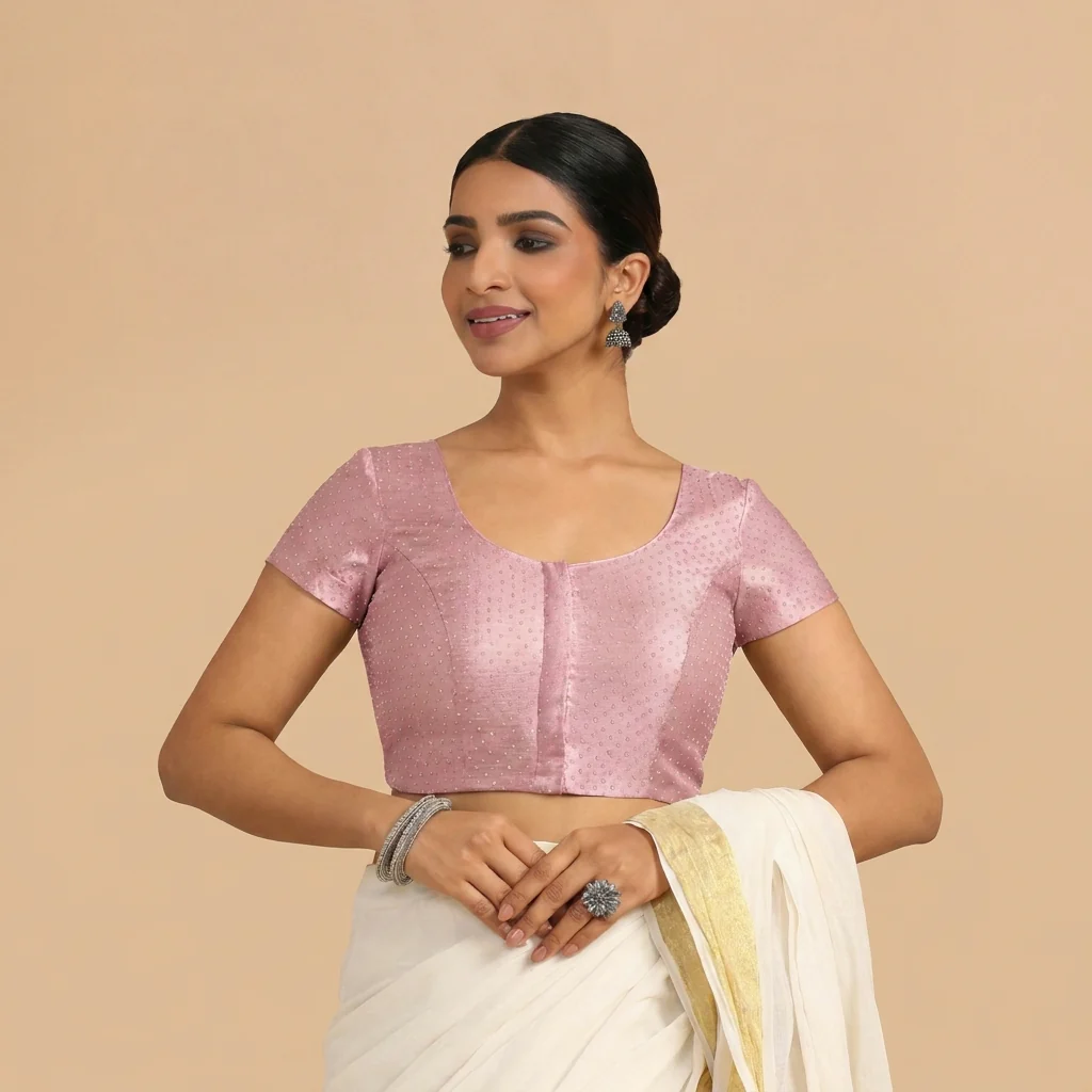Chandrika x Tyohaar | Short Sleeve Pink Foil Chandheri Saree Blouse - Image 5
