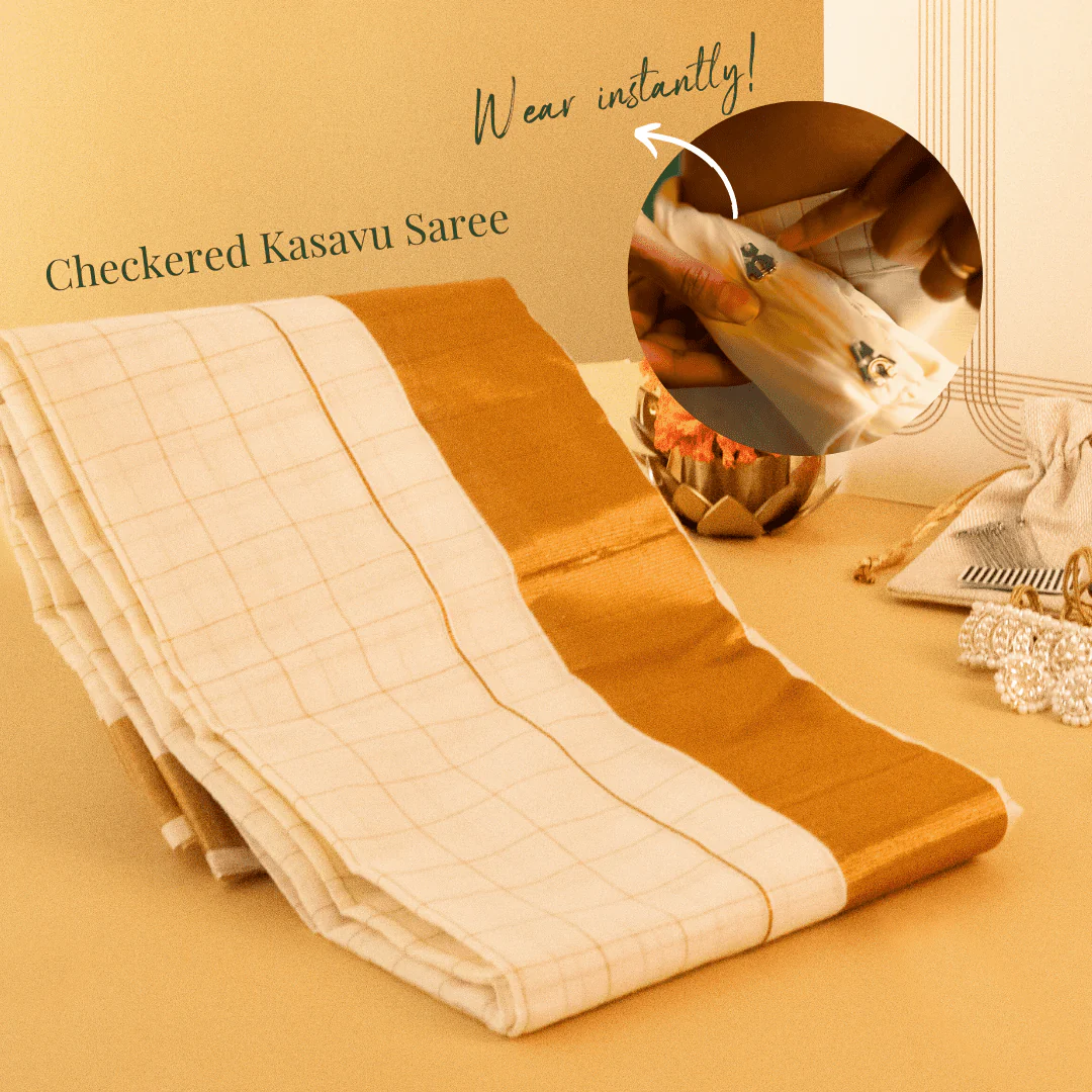 Off-White and Gold Checks Classic Cotton Saree - One-Minute/Ready-to-Wear Option - Image 3