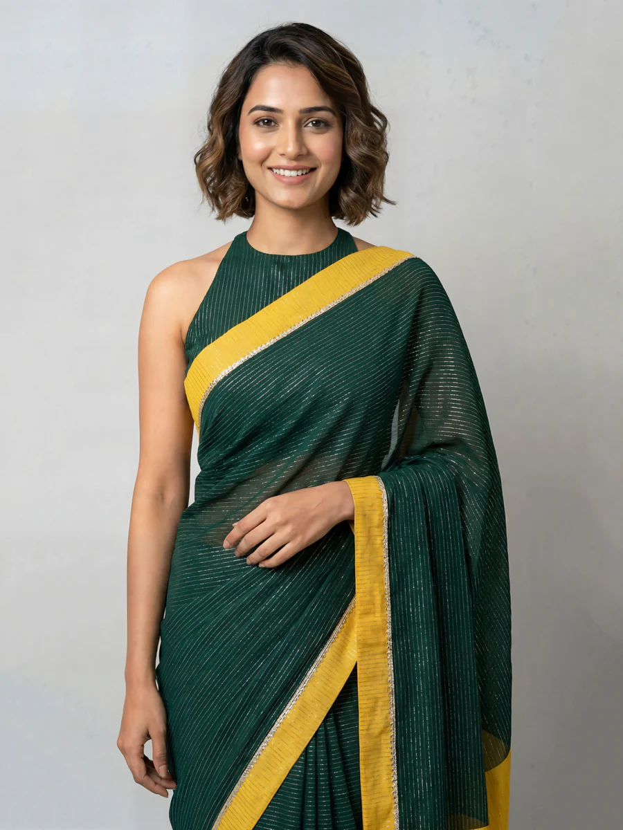 Dhwani x Rozaana | Dark Green With Turmeric Yellow Contrast Saree In Silver Striped Pure Cotton - Image 3