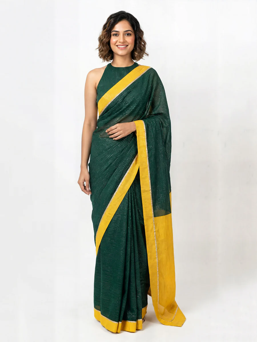 Dhwani x Rozaana | Dark Green With Turmeric Yellow Contrast Saree In Silver Striped Pure Cotton - Image 4