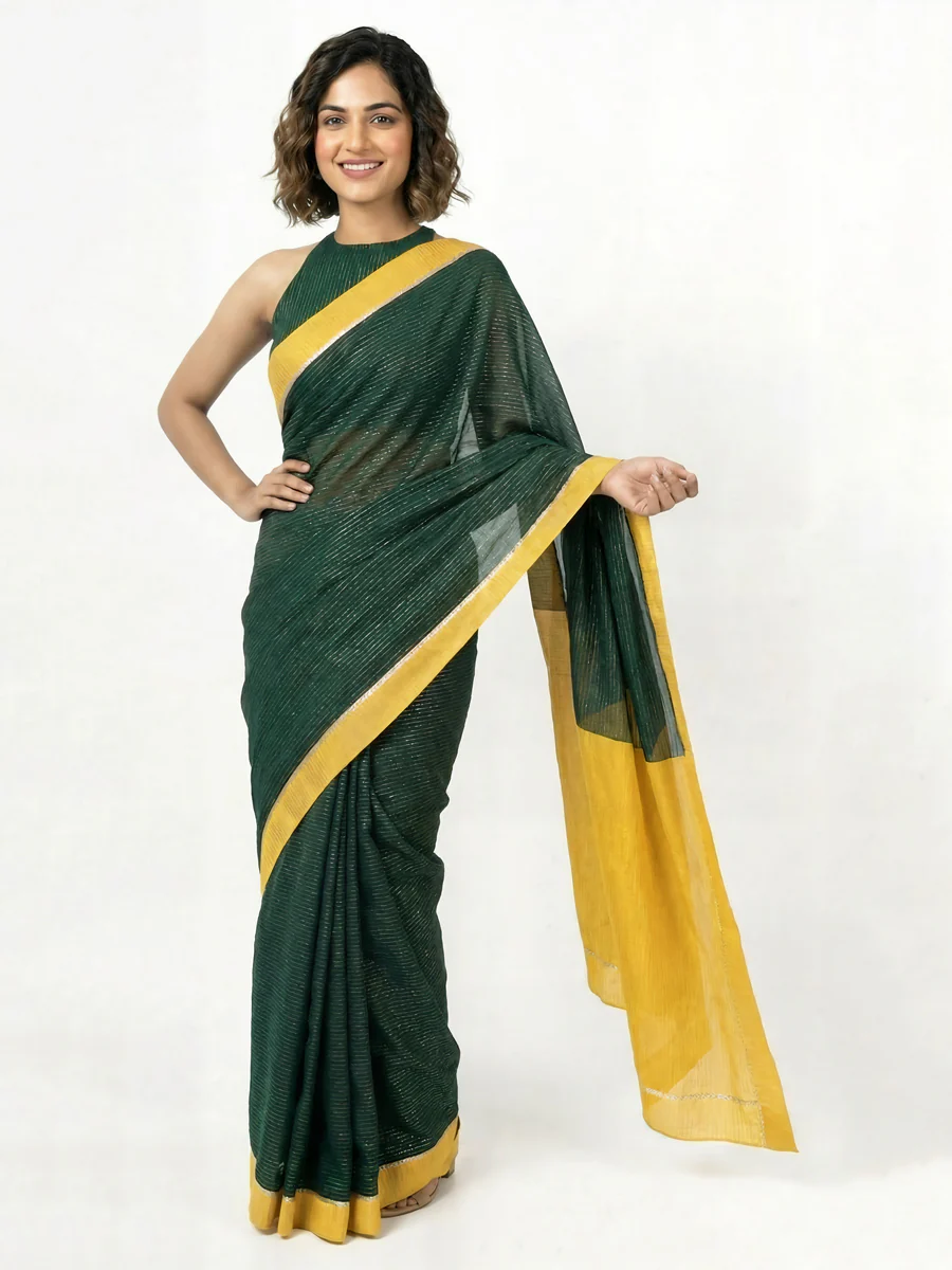 Dhwani x Rozaana | Dark Green With Turmeric Yellow Contrast Saree In Silver Striped Pure Cotton - Image 5