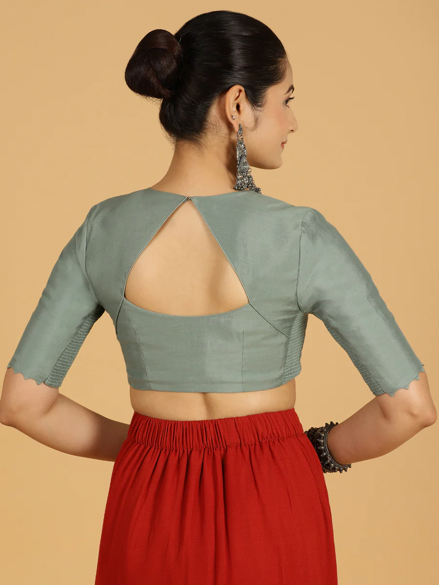 Divya x Rozaana | Elbow Sleeves Saree Blouse in Mint Green - Image 2