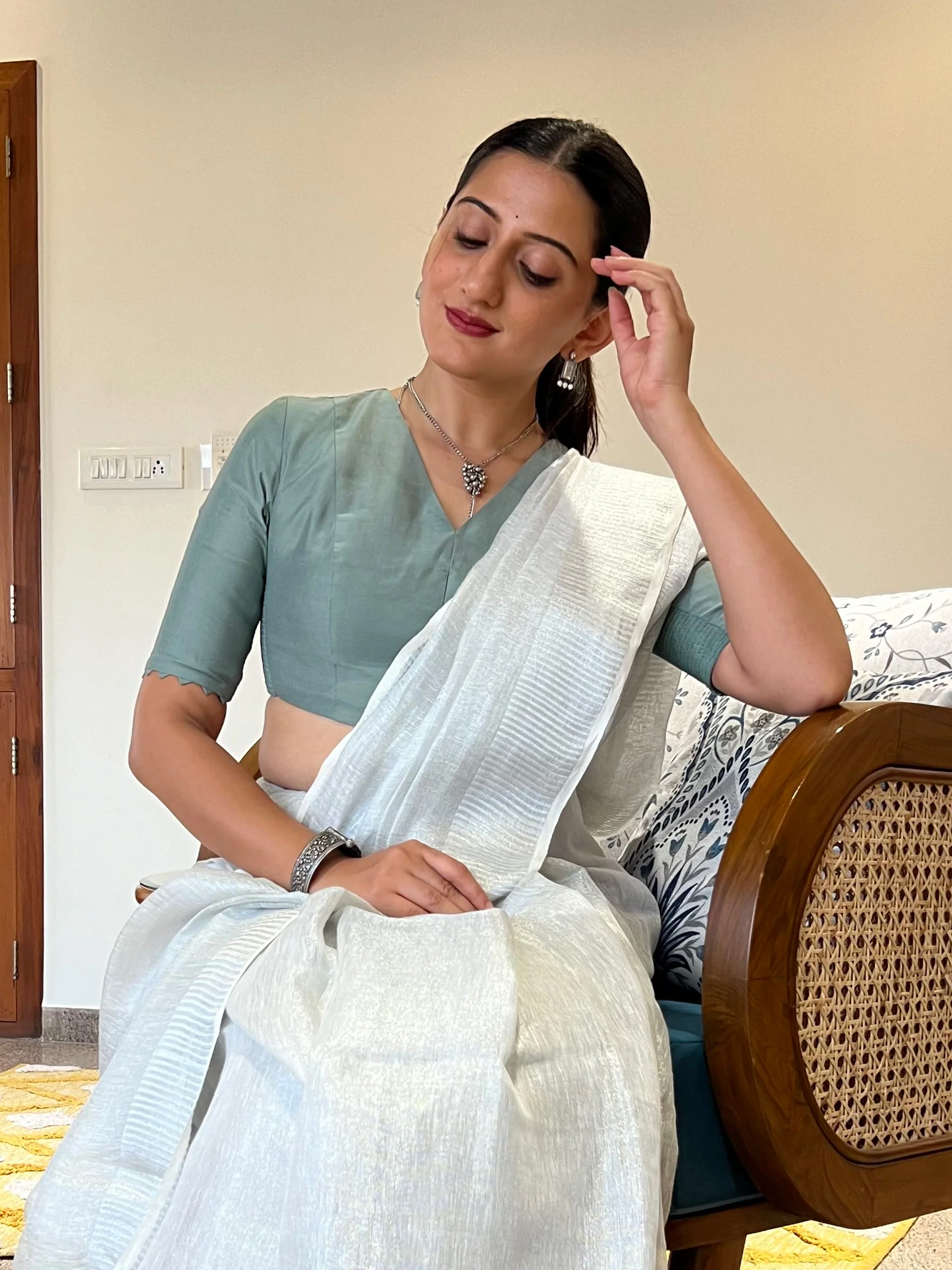 Divya x Rozaana | Elbow Sleeves Saree Blouse in Mint Green - Image 20