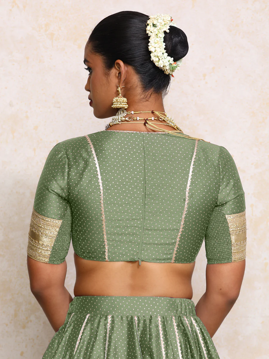 Elira x Tyohaar | Elbow Sleeves Green Foil Chandheri Saree Blouse - Image 2