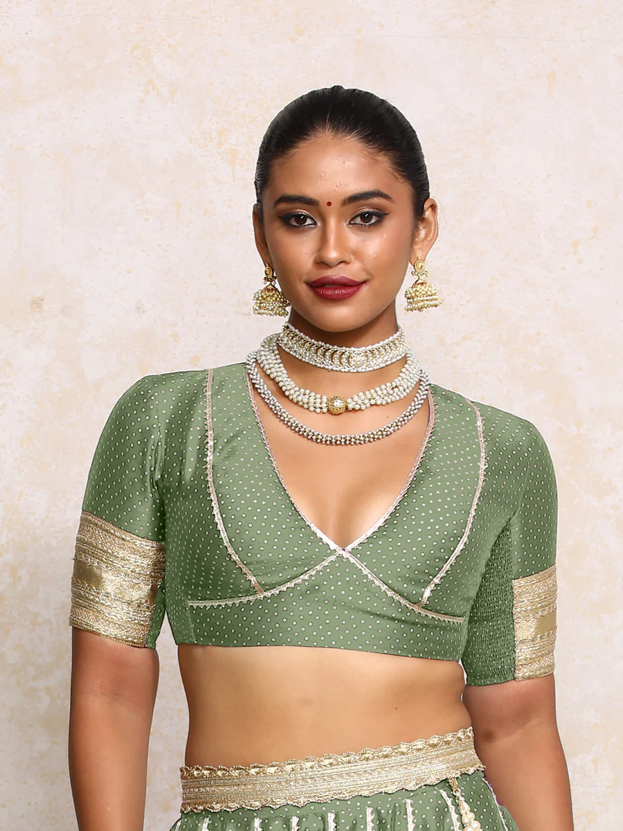 Elira x Tyohaar | Elbow Sleeves Green Foil Chandheri Saree Blouse - Image 6