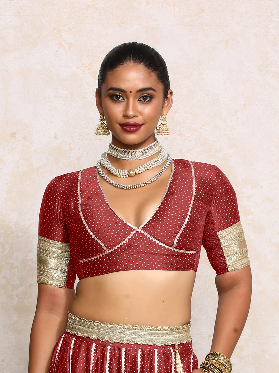 Elira x Tyohaar | Elbow Sleeves Red Foil Chandheri Saree Blouse - Image 5