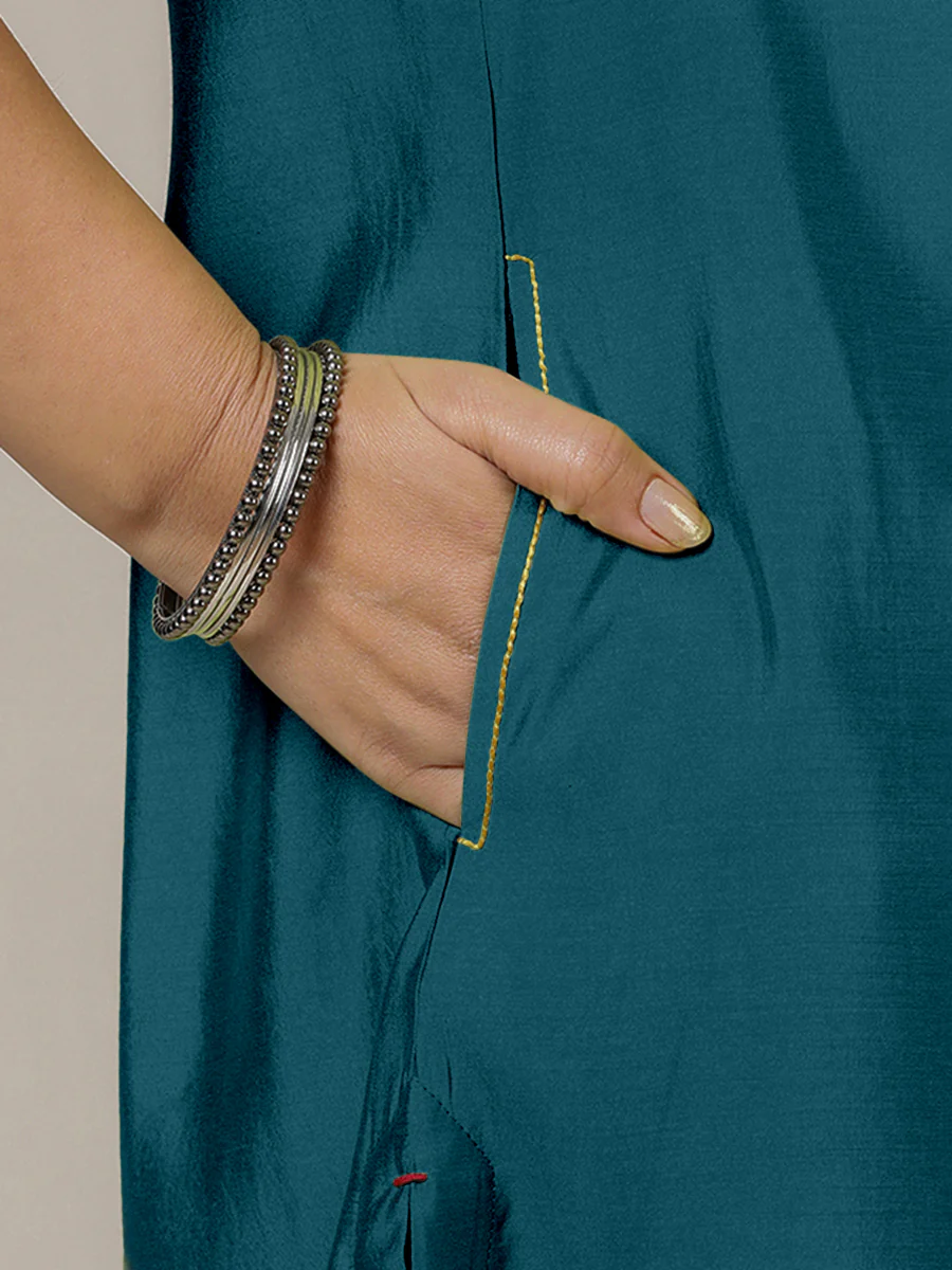 Amal x Rozaana | A Line Kurta in Crystal Teal with Thread Work | Coords or Only Kurta - Image 4