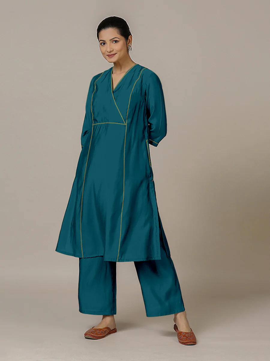Amal x Rozaana | A Line Kurta in Crystal Teal with Thread Work | Coords or Only Kurta - Image 6