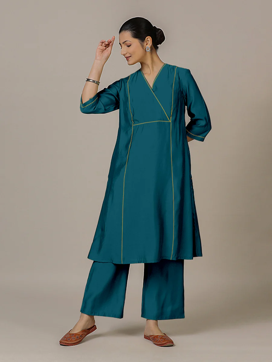 Amal x Rozaana | A Line Kurta in Crystal Teal with Thread Work | Coords or Only Kurta - Image 7