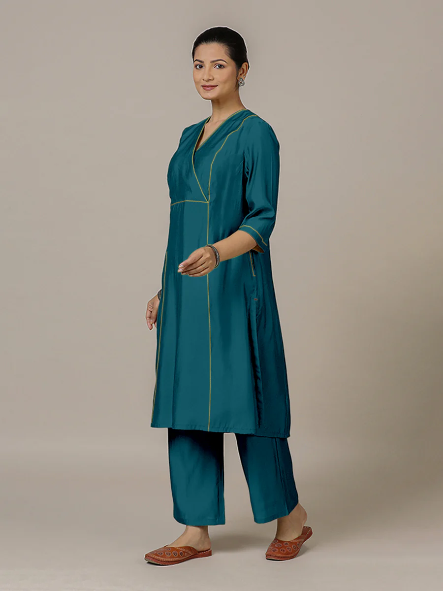 Amal x Rozaana | A Line Kurta in Crystal Teal with Thread Work | Coords or Only Kurta - Image 8