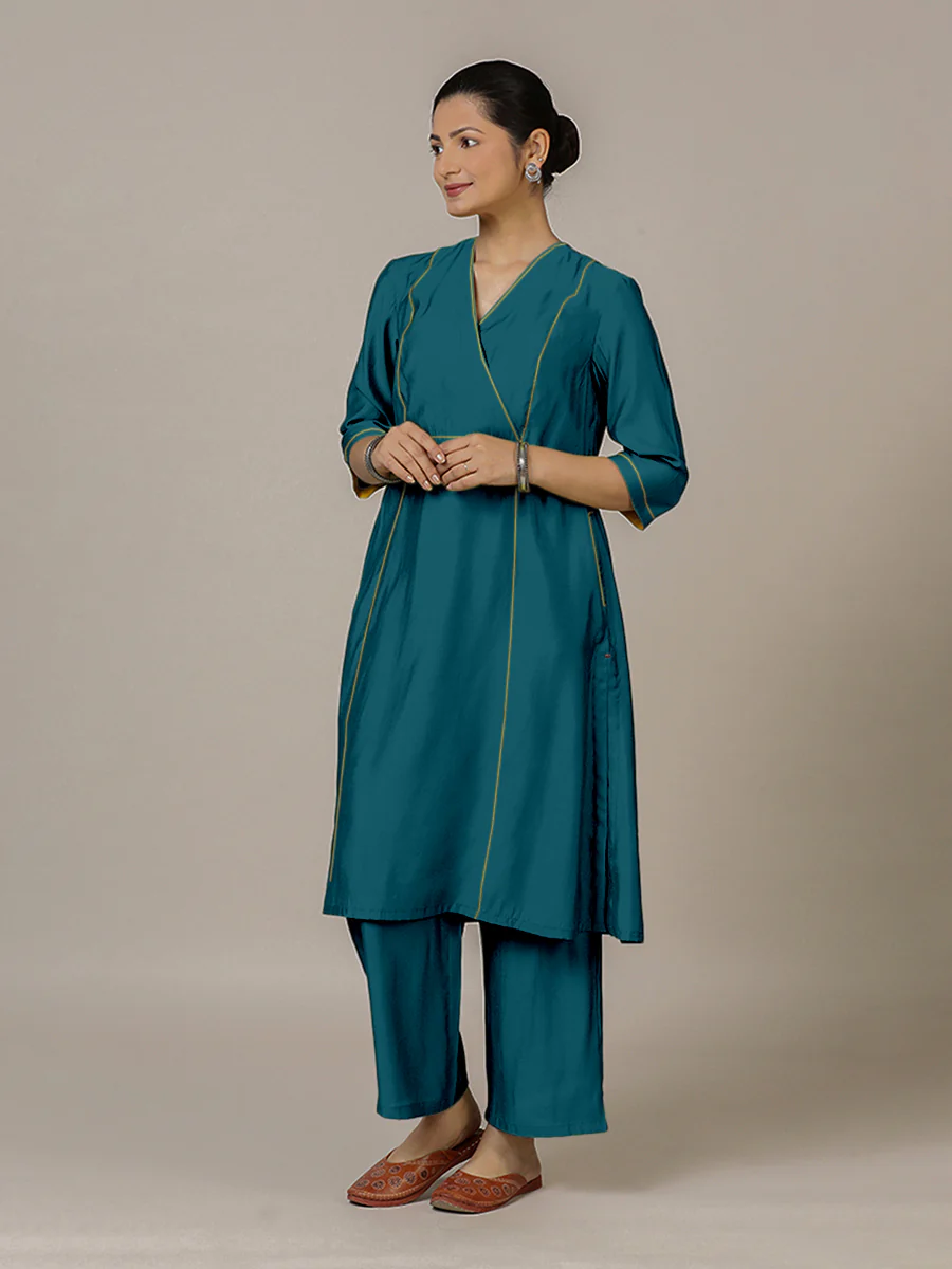Amal x Rozaana | A Line Kurta in Crystal Teal with Thread Work | Coords or Only Kurta - Image 9