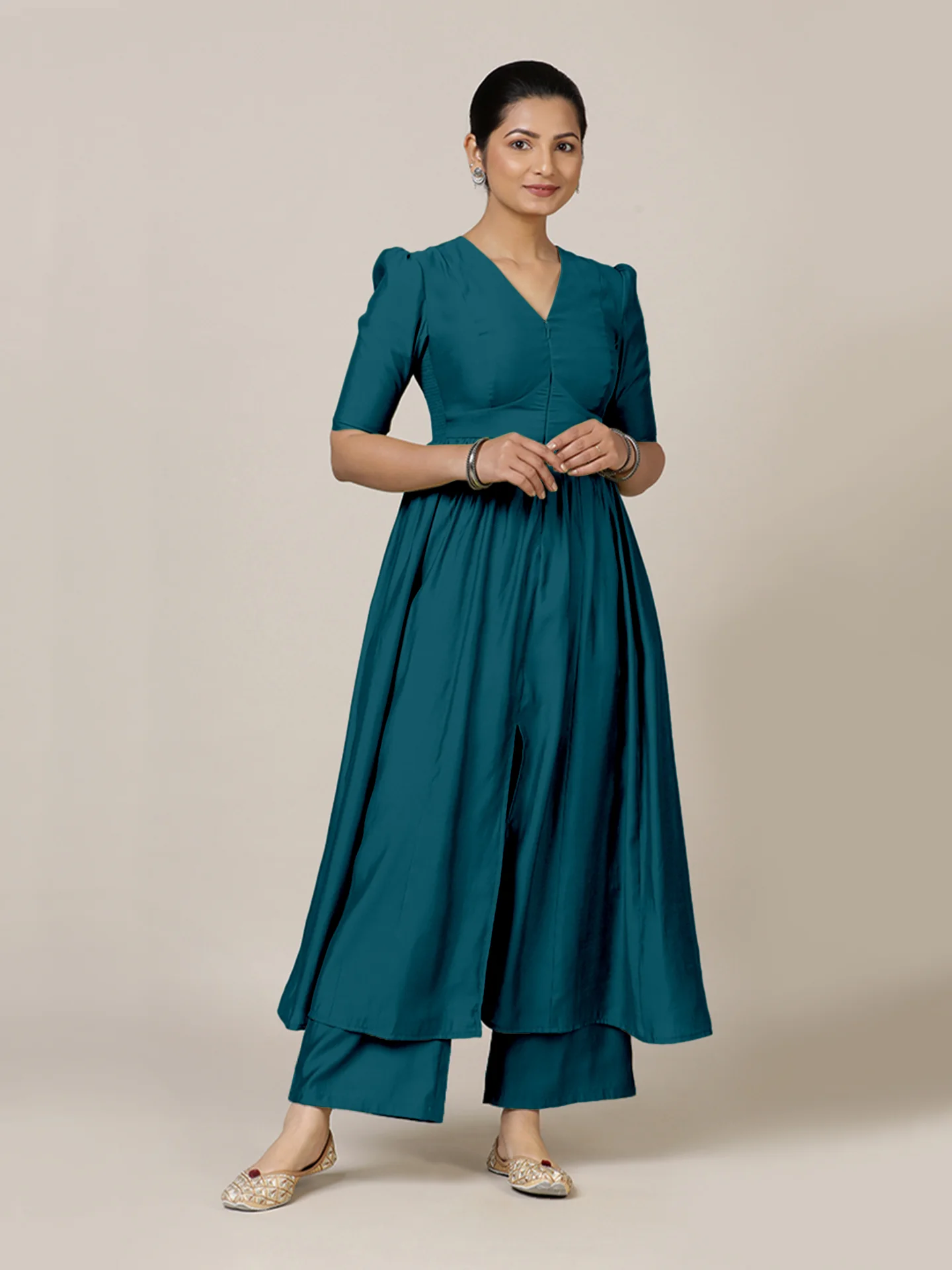 Faiza x Rozaana | A Line Kurta in Crystal Teal with Thread Work | Coords or Only Kurta - Image 7