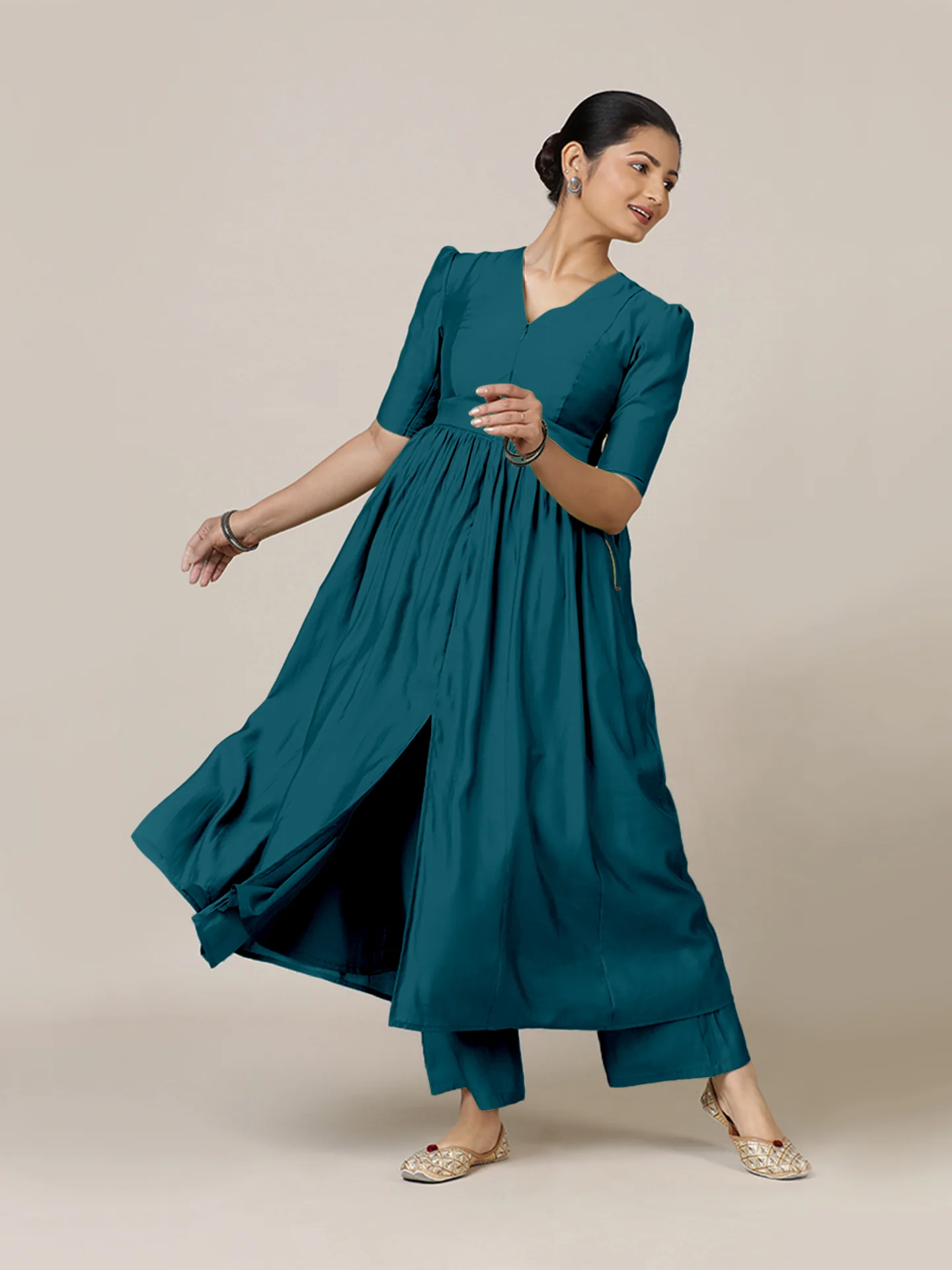 Faiza x Rozaana | A Line Kurta in Crystal Teal with Thread Work | Coords or Only Kurta - Image 8