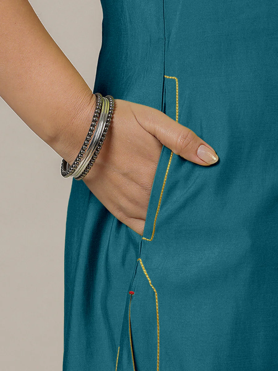Mahek x Rozaana | A Line Kurta in Crystal Teal with Thread Work | Coords or Only Kurta - Image 4