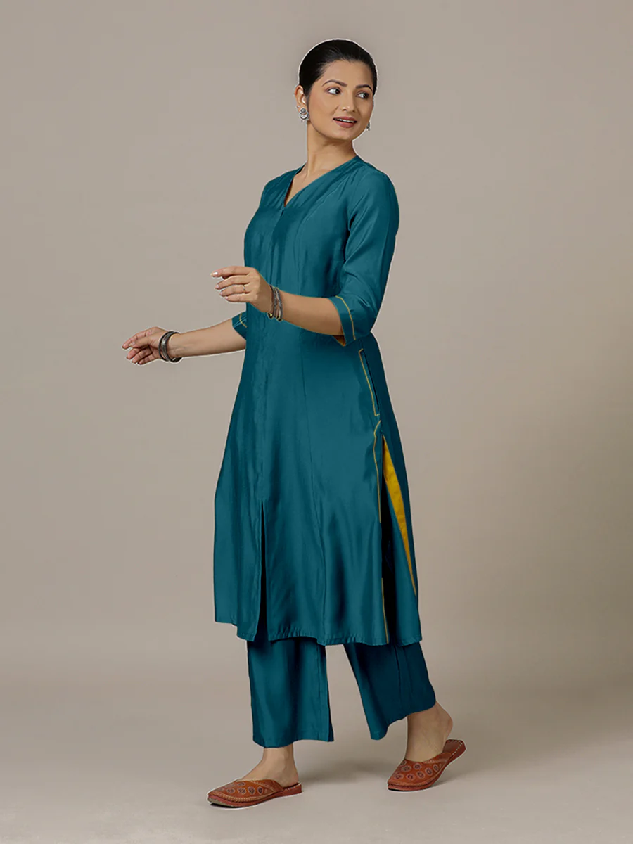 Mahek x Rozaana | A Line Kurta in Crystal Teal with Thread Work | Coords or Only Kurta - Image 6