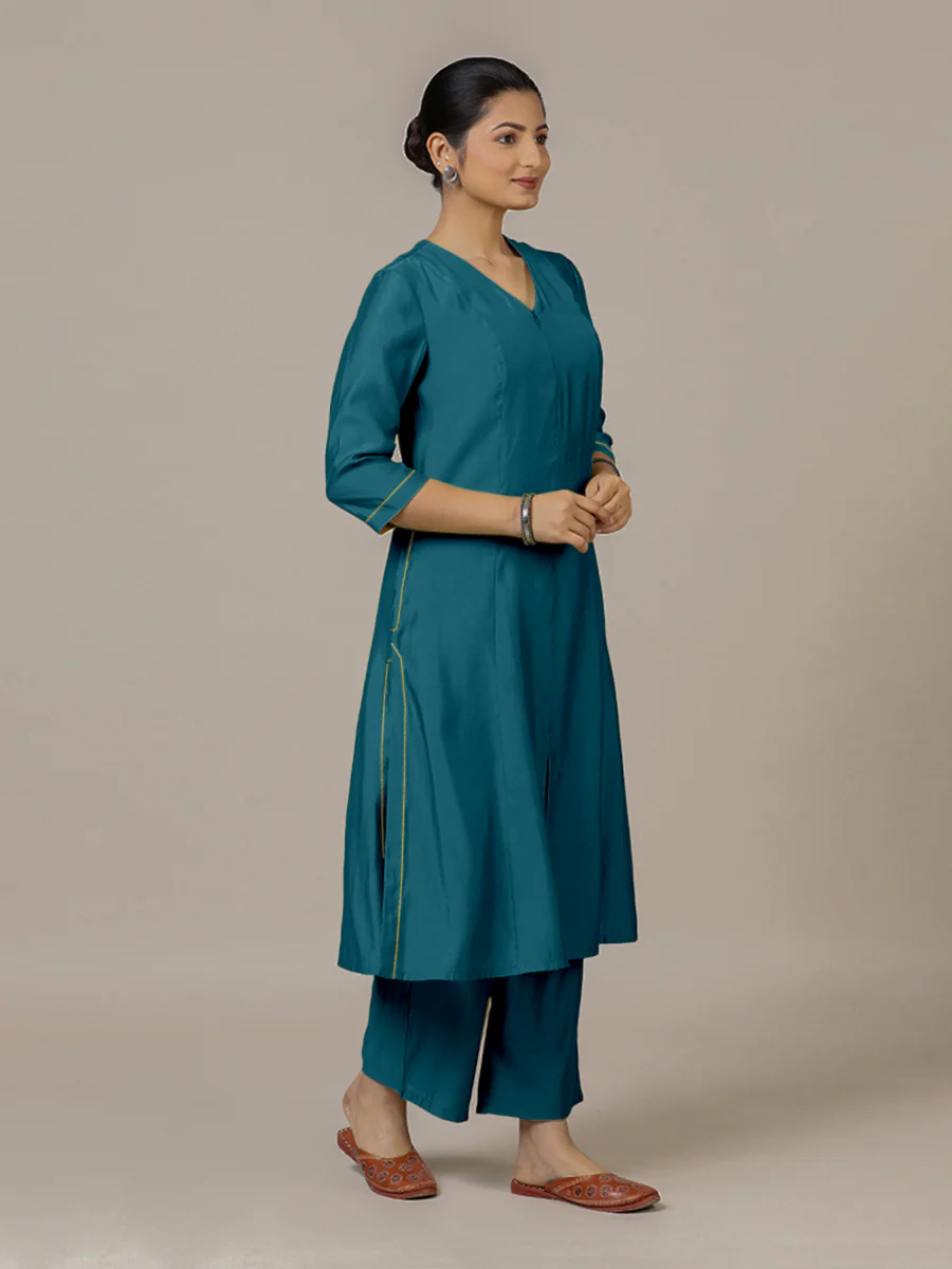 Mahek x Rozaana | A Line Kurta in Crystal Teal with Thread Work | Coords or Only Kurta - Image 8