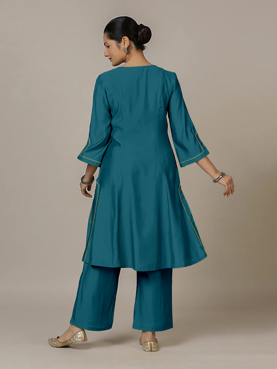 Nimrat x Rozaana | A Line Kurta in Crystal Teal with Thread Work | Coords or Only Kurta - Image 2