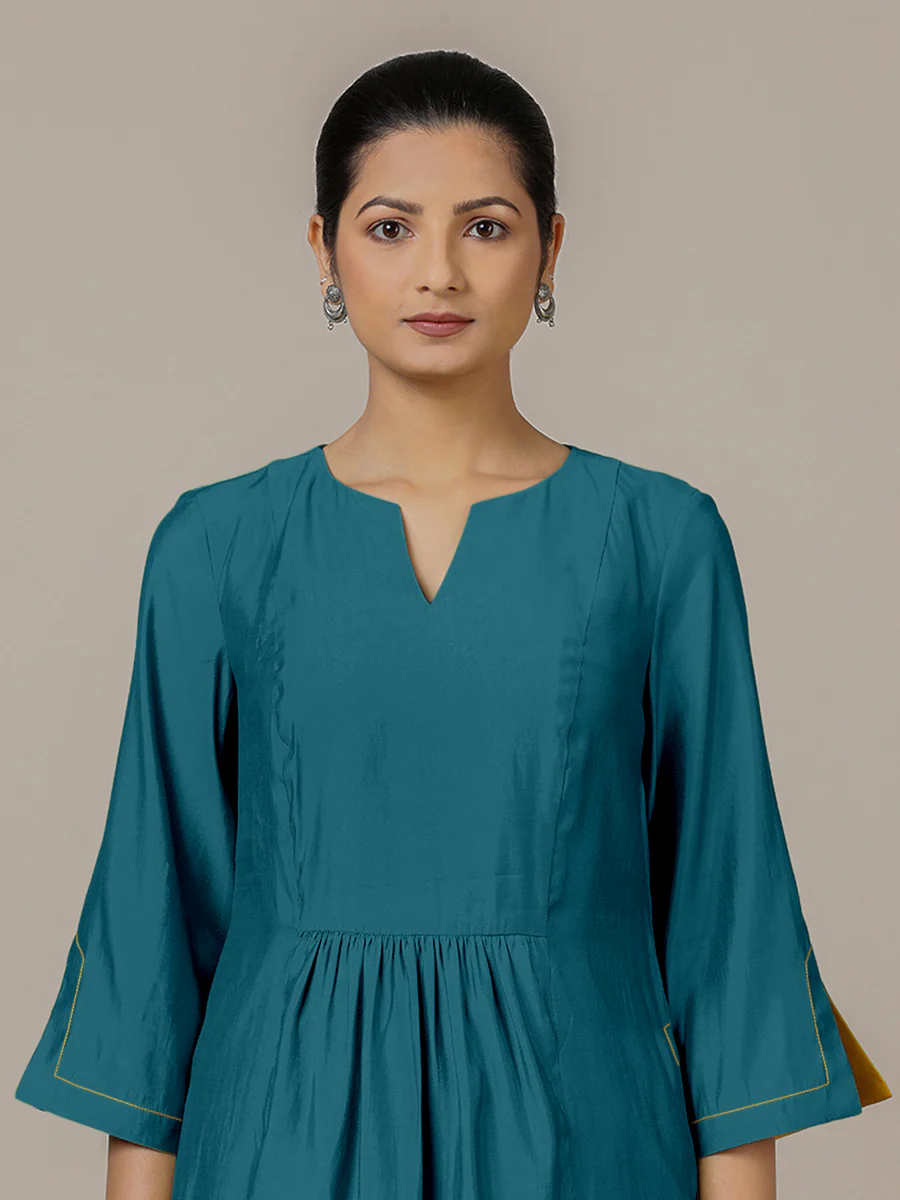 Nimrat x Rozaana | A Line Kurta in Crystal Teal with Thread Work | Coords or Only Kurta - Image 3