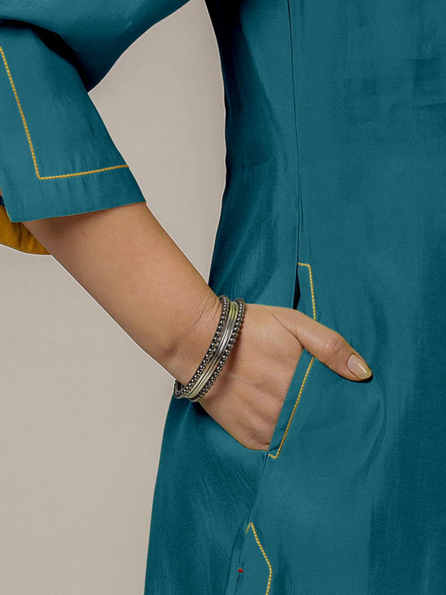 Nimrat x Rozaana | A Line Kurta in Crystal Teal with Thread Work | Coords or Only Kurta - Image 4