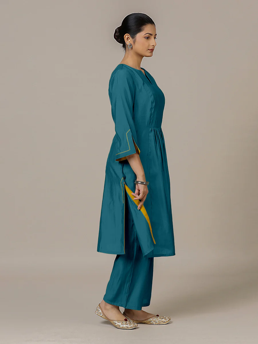 Nimrat x Rozaana | A Line Kurta in Crystal Teal with Thread Work | Coords or Only Kurta - Image 5
