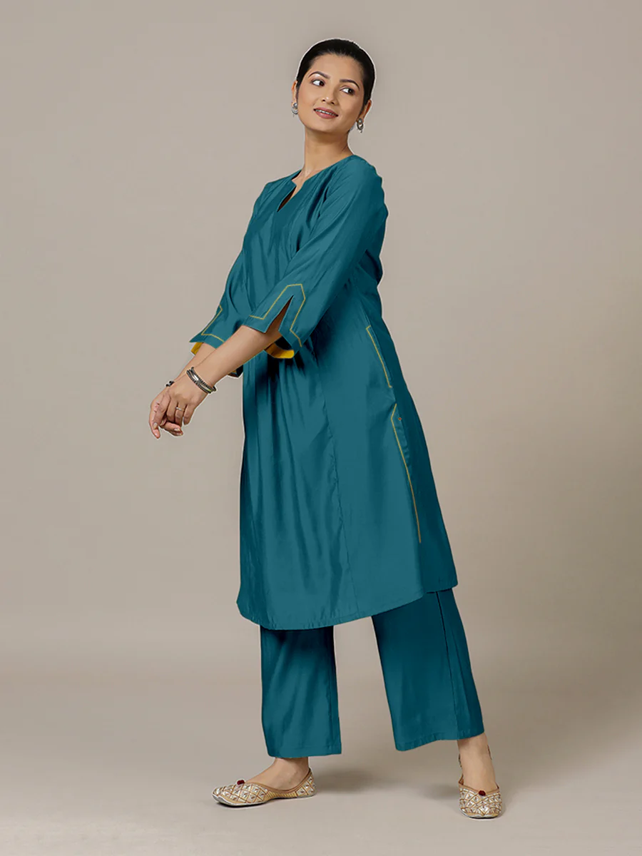Nimrat x Rozaana | A Line Kurta in Crystal Teal with Thread Work | Coords or Only Kurta - Image 7