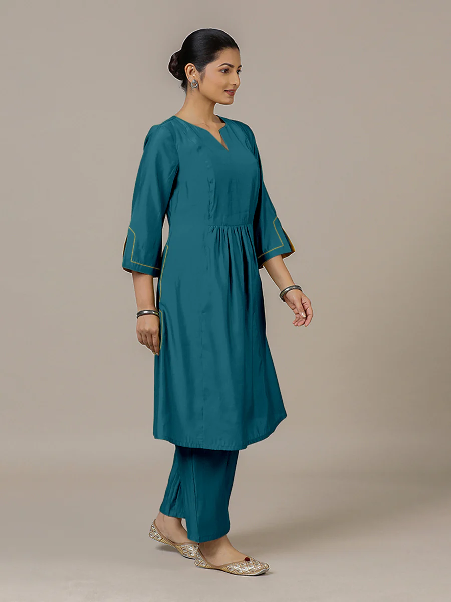 Nimrat x Rozaana | A Line Kurta in Crystal Teal with Thread Work | Coords or Only Kurta - Image 8