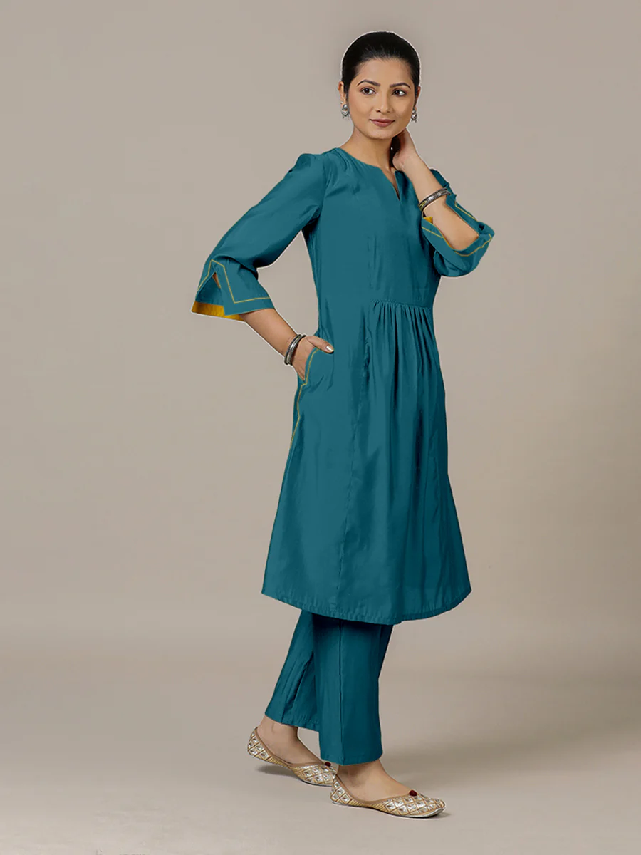 Nimrat x Rozaana | A Line Kurta in Crystal Teal with Thread Work | Coords or Only Kurta - Image 9