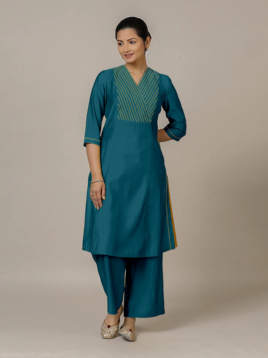 Piya x Rozaana | A Line Kurta in Crystal Teal with Thread Work | Coords or Only Kurta - Image 10