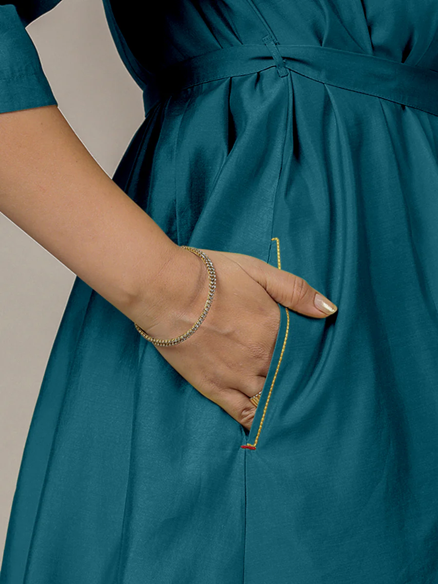 Tuhi x Rozaana | A Line Kurta in Crystal Teal with Thread Work | Coords or Only Kurta - Image 5