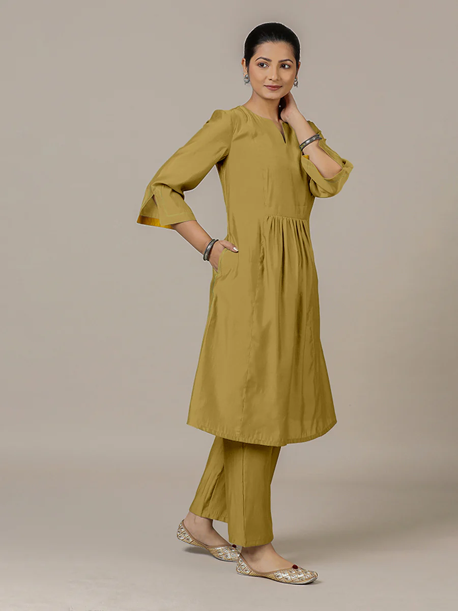 Nimrat x Rozaana | A Line Kurta in Dijon Mustard with Thread Work | Coords or Only Kurta - Image 9