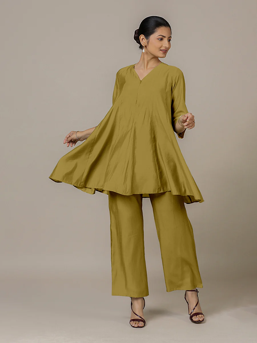 Tuhi x Rozaana | A Line Kurta in Dijon Mustard with Thread Work | Coords or Only Kurta - Image 9