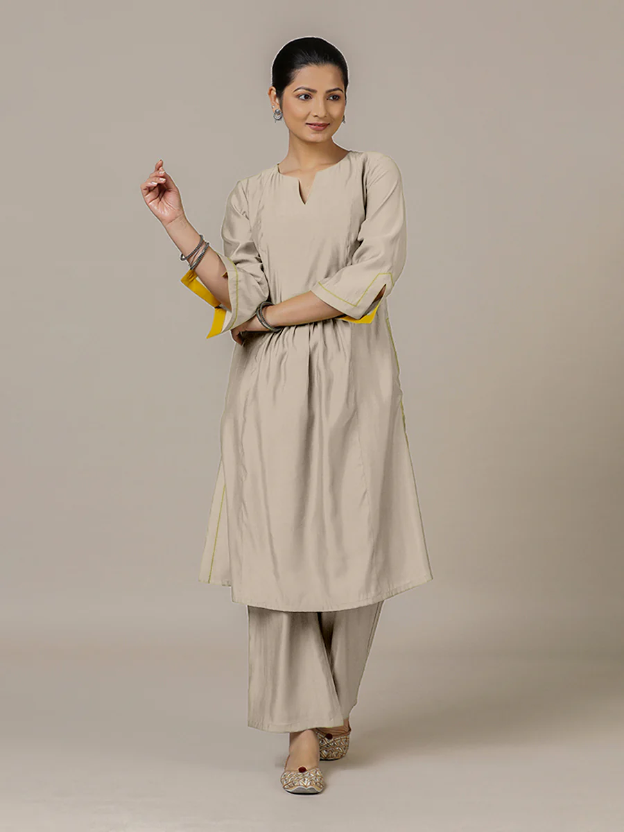 Nimrat x Rozaana | A Line Kurta in Oyster Grey with Thread Work | Coords or Only Kurta - Image 6