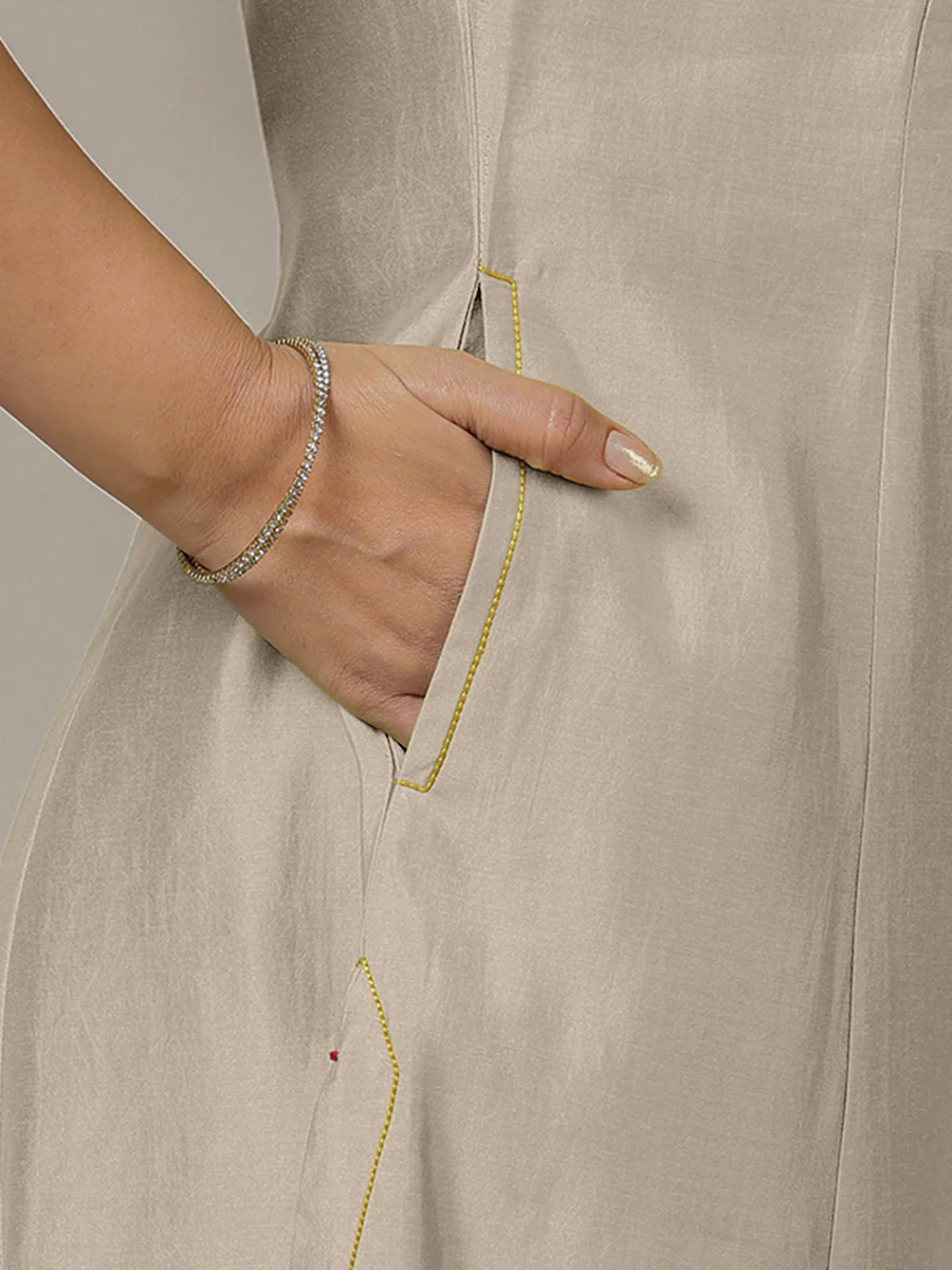 Piya x Rozaana | A Line Kurta in Oyster Grey with Thread Work | Coords or Only Kurta - Image 5