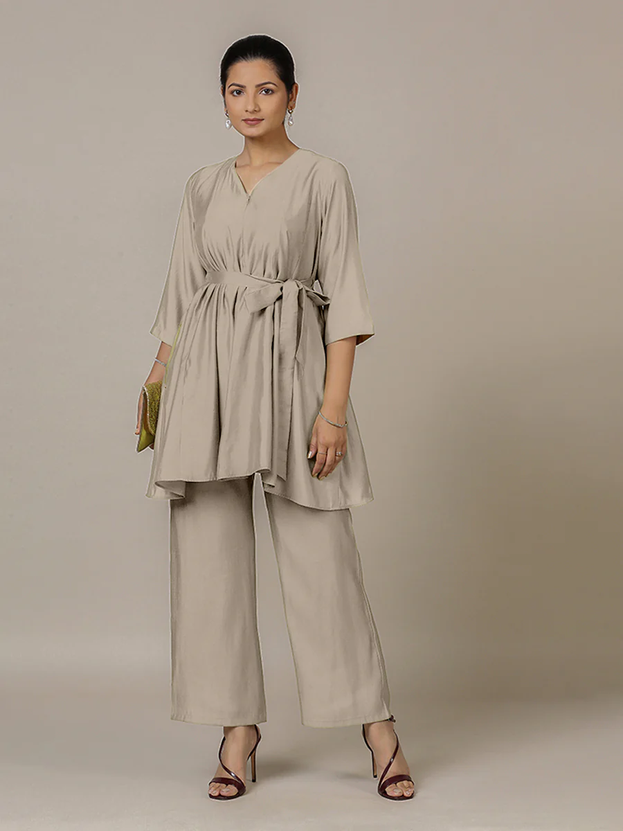 Tuhi x Rozaana | A Line Kurta in Oyster Grey with Thread Work | Coords or Only Kurta