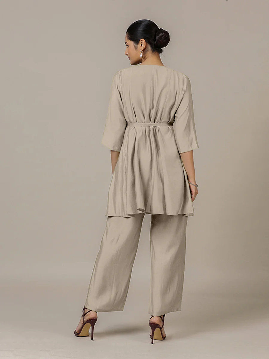 Tuhi x Rozaana | A Line Kurta in Oyster Grey with Thread Work | Coords or Only Kurta - Image 2