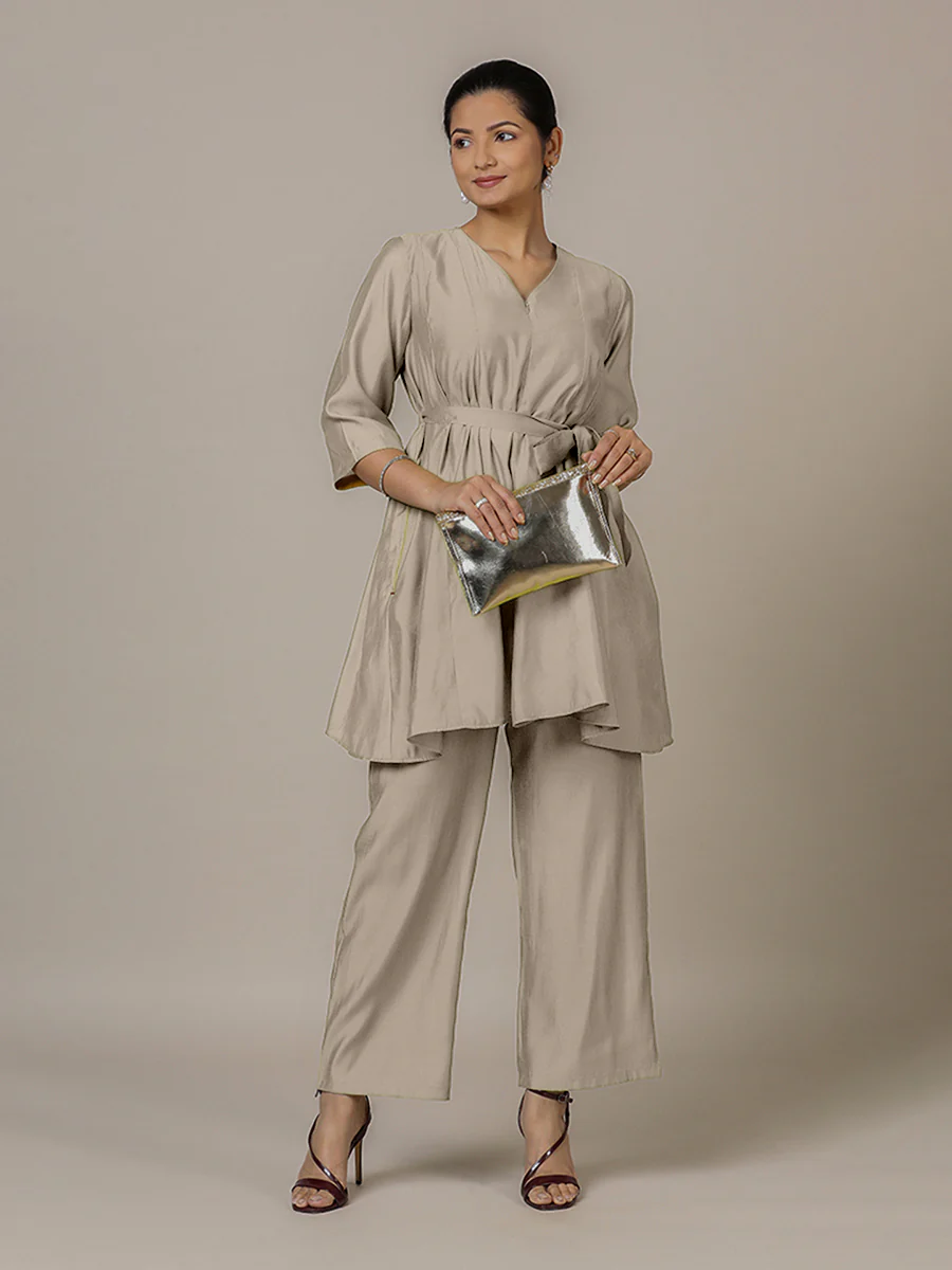 Tuhi x Rozaana | A Line Kurta in Oyster Grey with Thread Work | Coords or Only Kurta - Image 6