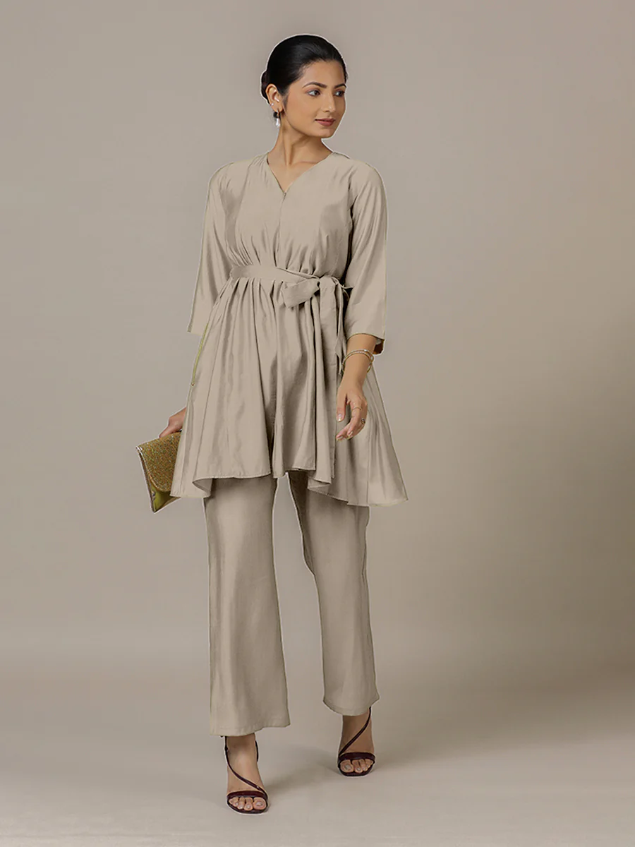 Tuhi x Rozaana | A Line Kurta in Oyster Grey with Thread Work | Coords or Only Kurta - Image 7
