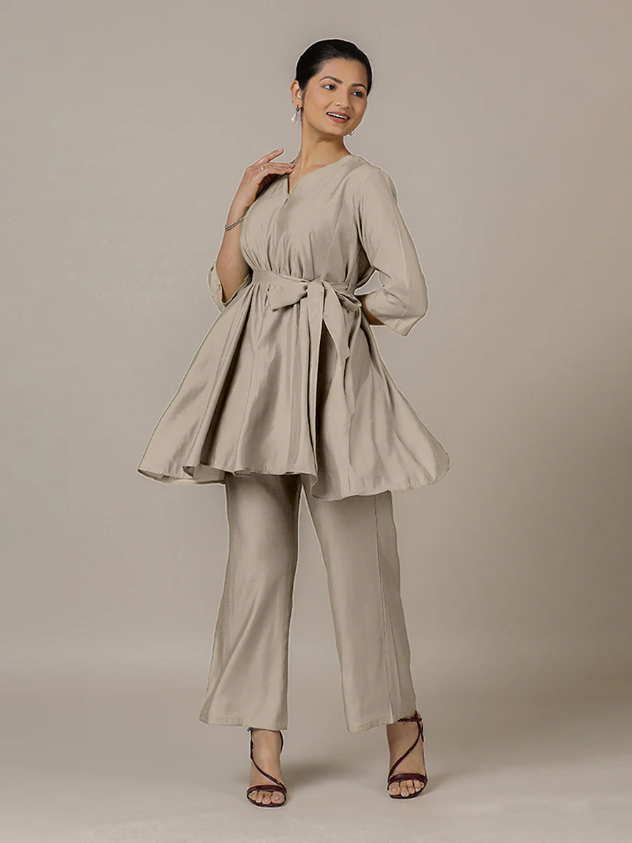 Tuhi x Rozaana | A Line Kurta in Oyster Grey with Thread Work | Coords or Only Kurta - Image 8
