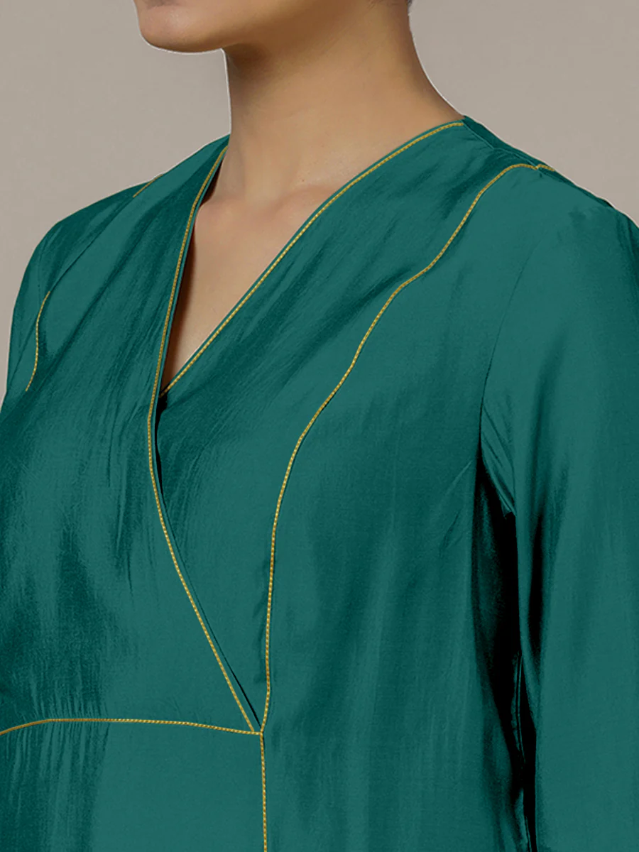 Amal x Rozaana | A Line Kurta in Peacock Green with Thread Work | Coords or Only Kurta - Image 3