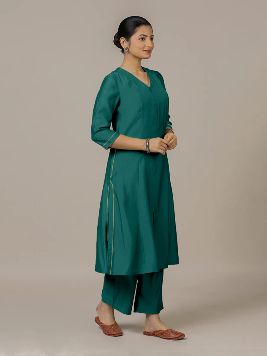 Mahek x Rozaana | A Line Kurta in Peacock Green with Thread Work | Coords or Only Kurta - Image 7